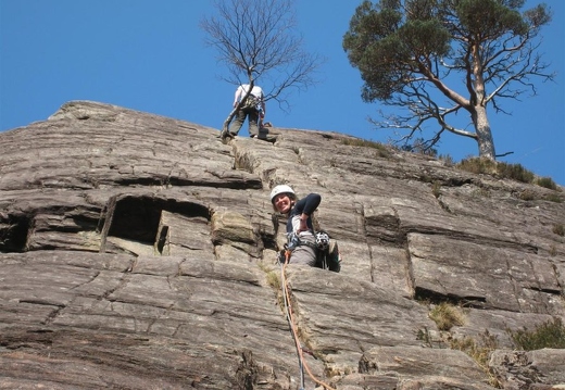 Lucy leading 'The Gutter' on Pinewall Crag