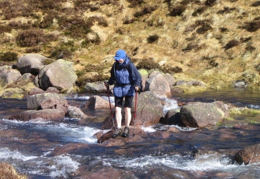 Jean crossing stream at north east end of loch avon