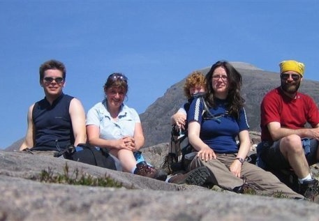 Nigel, Jackie, Trish (hiding) and Jim (Beinn Liath Mhor in background)