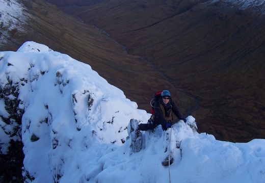Jeanie at the narrow ridge on Sron na Lairig.