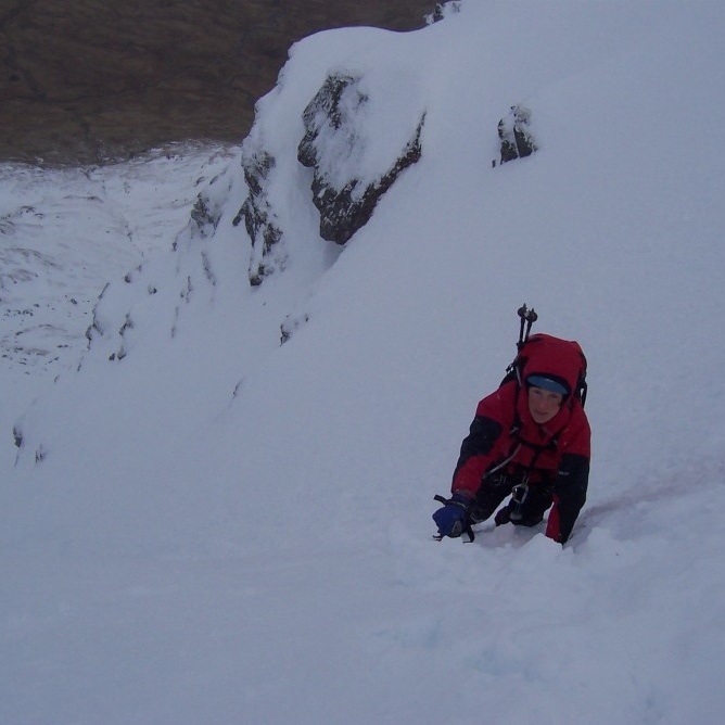 Jeanie near to top of Central Gully on Ben Lui