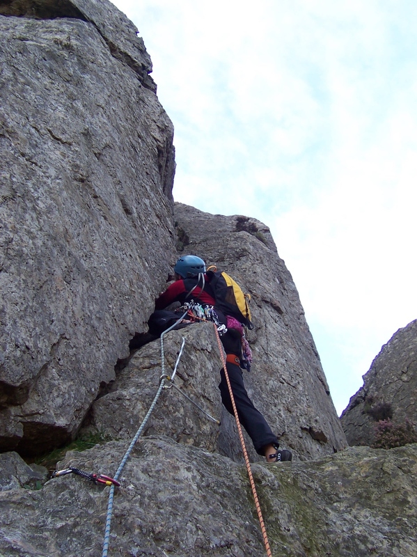 Flying Buttress - Jeanie starting on final pitch chimney.JPG