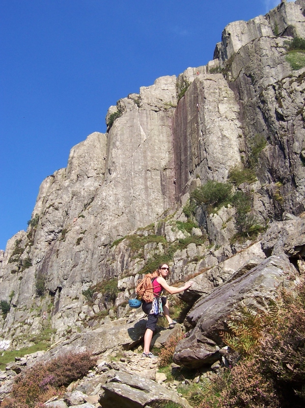 Dinas Cromlech - Jeanie approaching crag.JPG