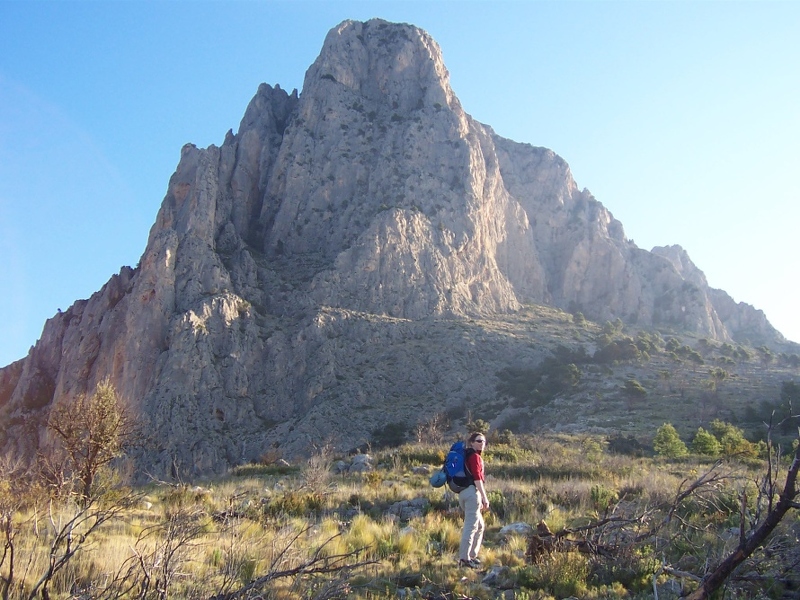 Sun lighting up our route on the Puig.JPG