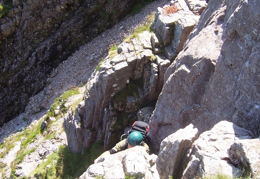 Fracture Route - Stuart scrambling up to First Platform