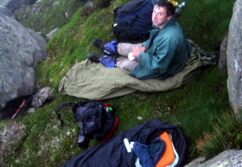 Andy W on our Bivvy ledge, Stob an t-Sluichd, 1st August 2009