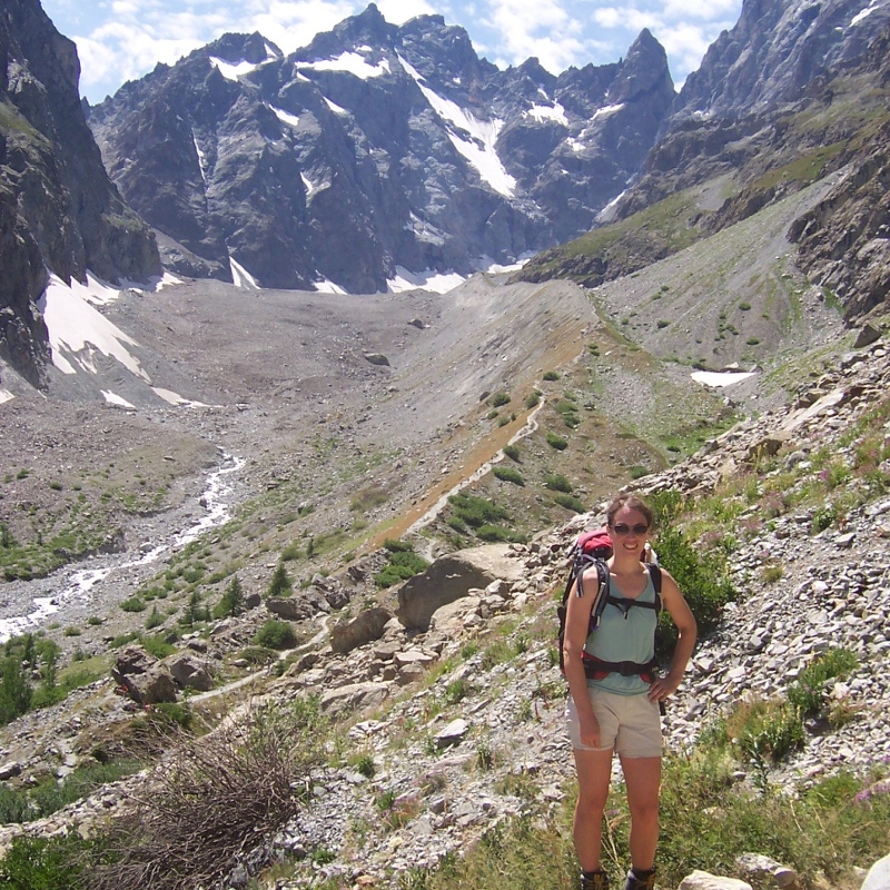 Des Agneaux - Heading up to hut with Glacier Noir in background