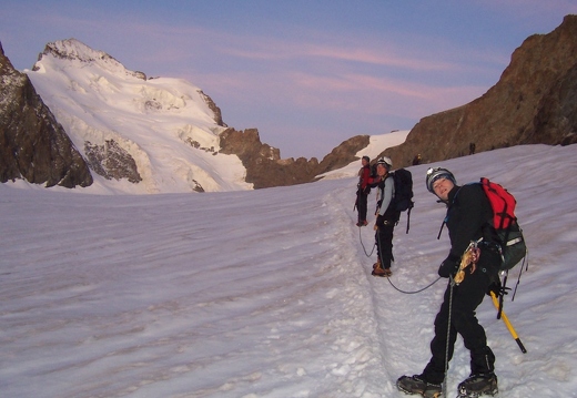 Roche Faurio - Jeanie, Lucy & Nigel heading up Glacier Blanc