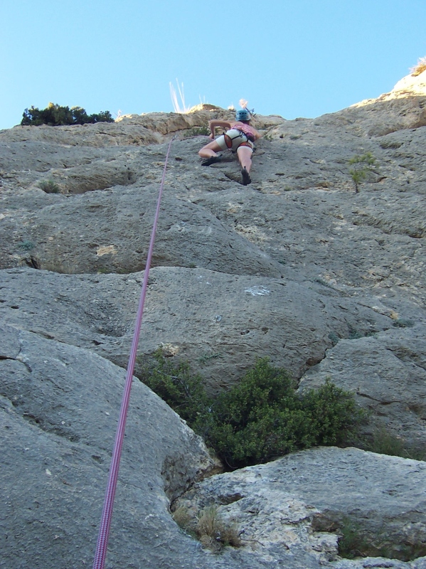 Forada - Jeanie top-roping the right hand car park route.JPG