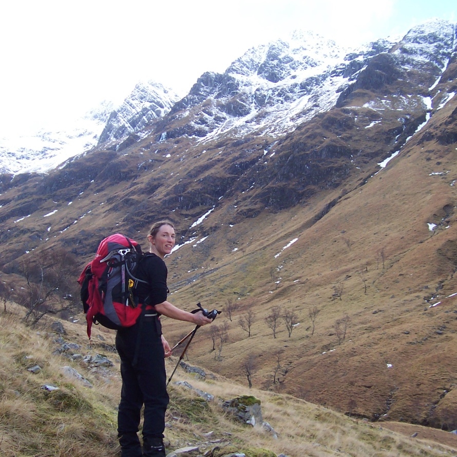 Jeanie with the East Ridge of the North Buttress of Stob Ban ahead