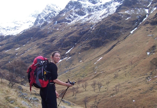 Jeanie with the East Ridge of the North Buttress of Stob Ban ahead