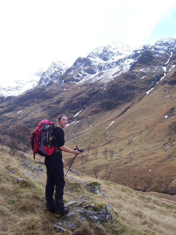Jeanie with the East Ridge of the North Buttress of Stob Ban ahead.JPG