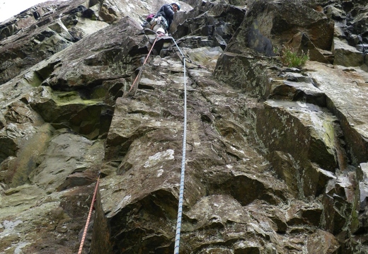 Jeanie leading 1st pitch of Brown Crag Wall