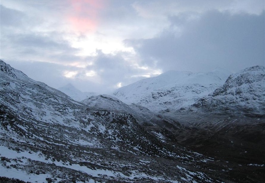 Looking towards the distinctive Stob Ban (snow covered peak back left)