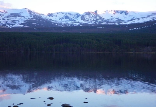 Early evening view across Loch Morlich to the Northern Corries