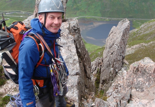 Jere beside free-standing pinnacle overlooking N. face of 'B' buttress