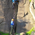 Gearing up for the crux of Gobi Roof, Cambusbarron