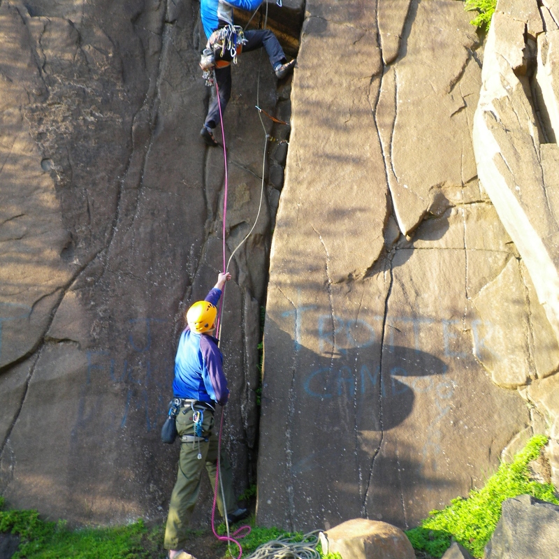 Gearing up for the crux of Gobi Roof, Cambusbarron