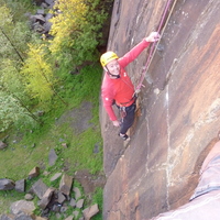The "Thank God" Jug above the crux, Gobi Roof, Cambusbarron West