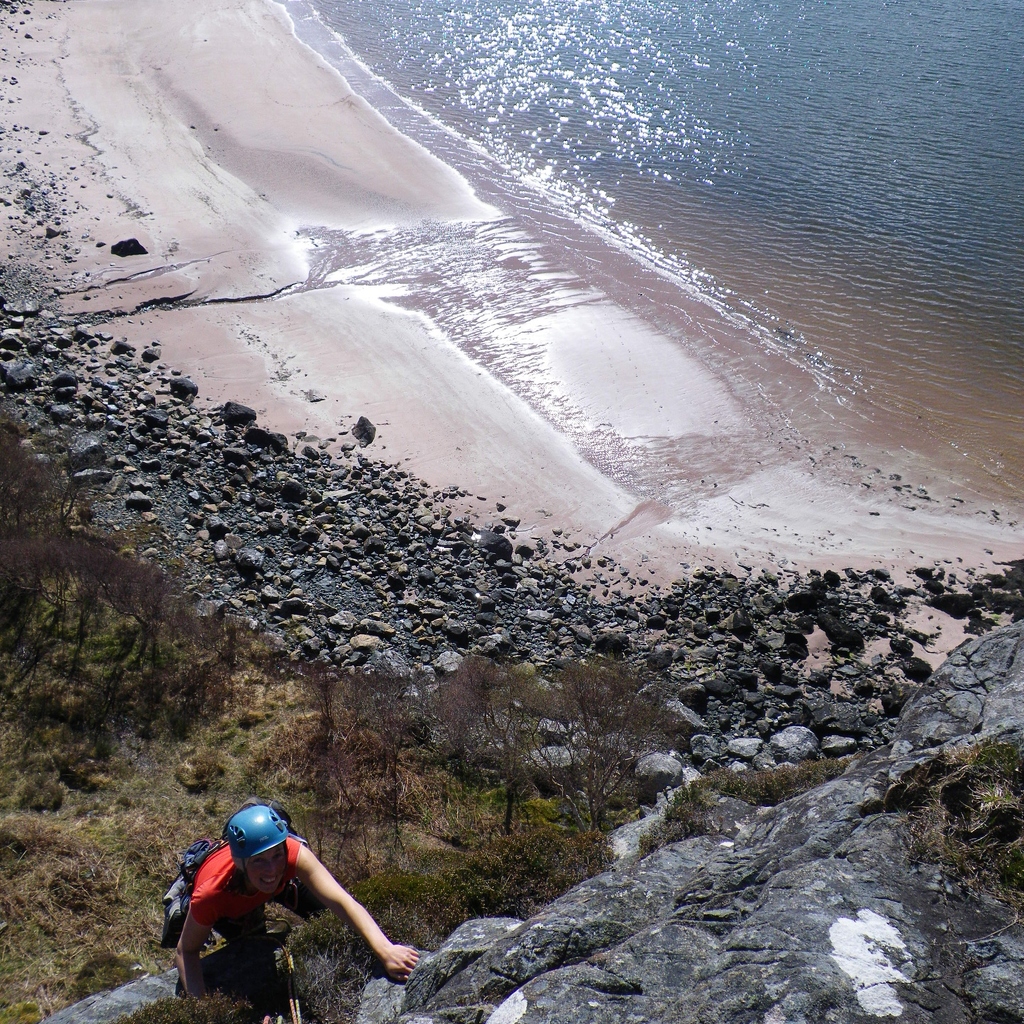 Jeanie topping out on Adalat, Beach Crag.
