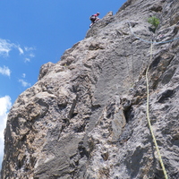 Stuart on the 2nd pitch, a traverse and slab