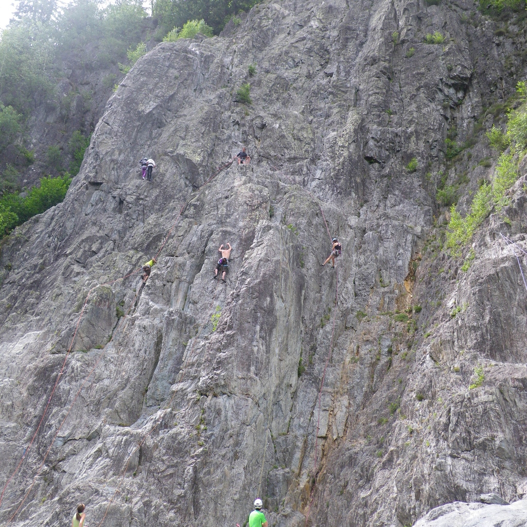 A busy crag, Jeanie on another rappel