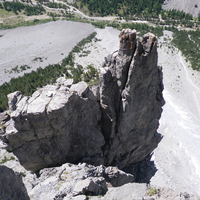 Looking down to the tower of the first few pitches. The abseil is down the left and not the right side with the sling!