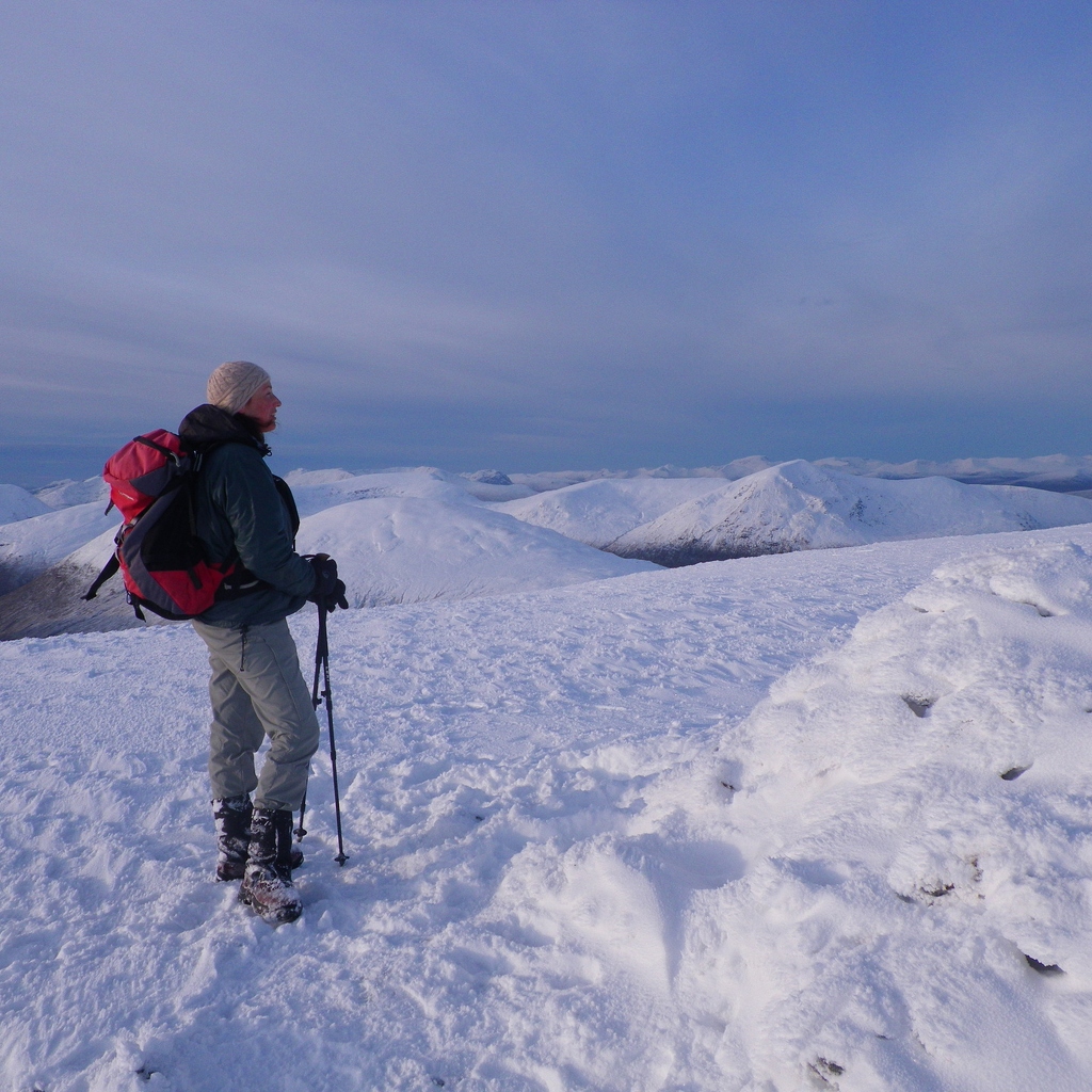 Jeanie on the summit, looking north-west (spot the Buachaille & the Ben?)