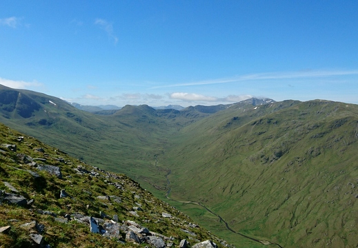 Looking up the glen from Beinn Fhionnlaidh, Mullach na Dheiragain right, and Sgurr nan Ceathramhnan top right