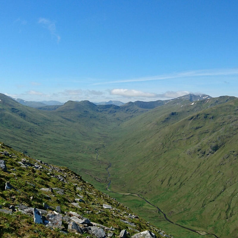 Looking up the glen from Beinn Fhionnlaidh, Mullach na Dheiragain right, and Sgurr nan Ceathramhnan top right