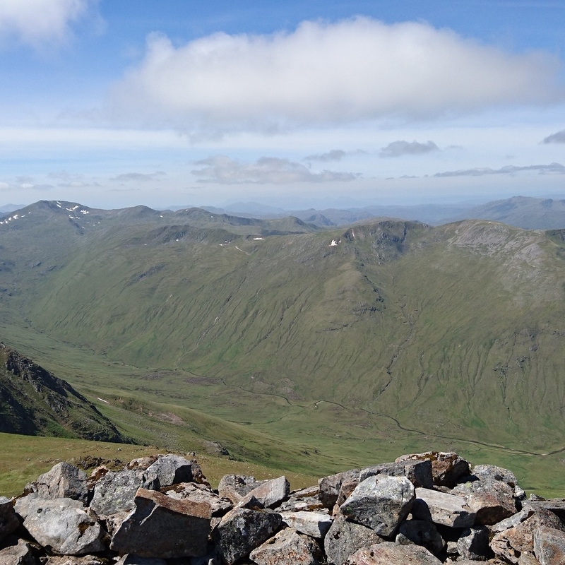 Coming off Mam Sodhail, view to Mullach na Dheiragain and up to Sgurr nan Ceathranhnan