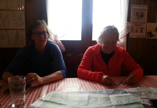 Fiona and Moira look happy to have survived the storm at Rifugio Alievi/ Bonnacossa