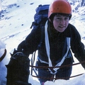 Liz entering the ice cave on The Curtain (IV, 5) Ben Nevis March 1986 (Photo E. McGlashan)