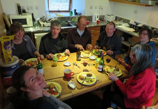 Pie fest in the hut: Liz, Mhairi, Ian, Adrian, Colin, Karen, Jo