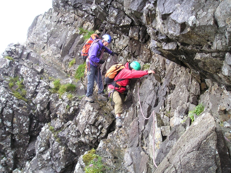 A Fearty being coddled along Collie's Ledge by Old Hand Colin Beard.JPG