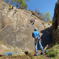  James on Wing and a Prayer (6a) (Simon belaying) and Craig (on the left) on Bring the Rain (6a) Dollar Quarry