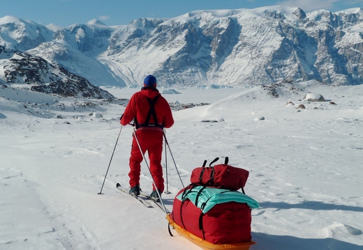 Skiing down Oxford Glacier looking towards Nordvestfjord and Renland