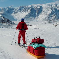 Skiing down Oxford Glacier looking towards Nordvestfjord and Renland
