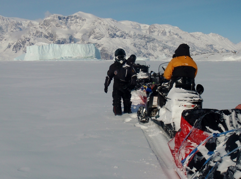 The first two days used snowmobiles to travel along the frozen Hurry and Nordvest Fjords.JPG