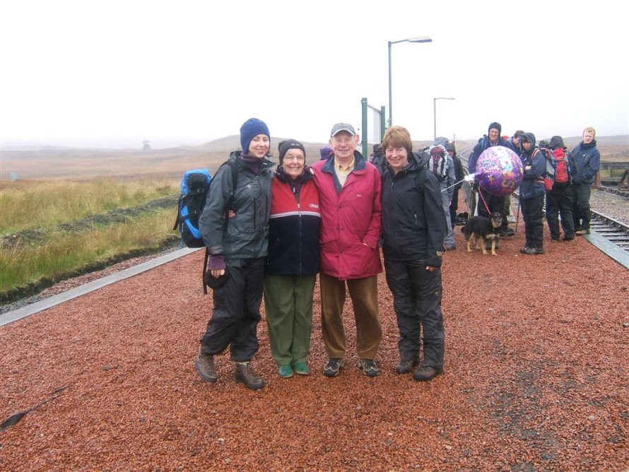 Mhairi at Corrour Station with her mum, dad and daughter