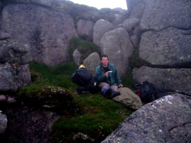 Andy W on our Bivvy ledge, Stob an t-Sluichd, 1st August 2009