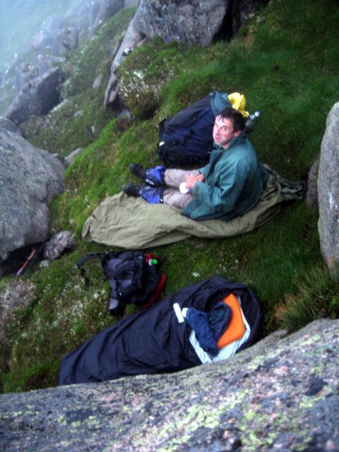 Andy W on our Bivvy ledge, Stob an t-Sluichd, 1st August 2009