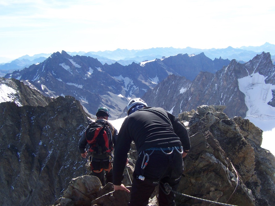 Roche Faurio - Heading back down summit ridge, des Agneaux at back left