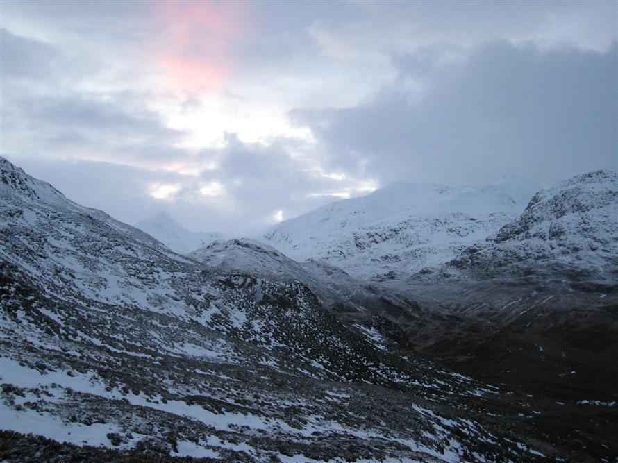 Looking towards the distinctive Stob Ban (snow covered peak back left)