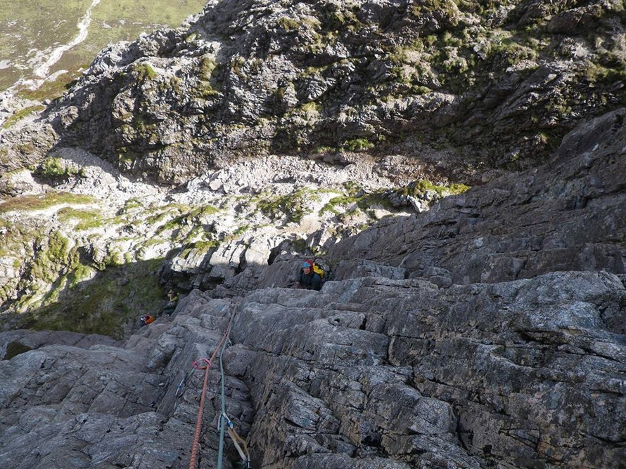 Looking down Grooved Arete (VS4b), queueing for Agag's below 