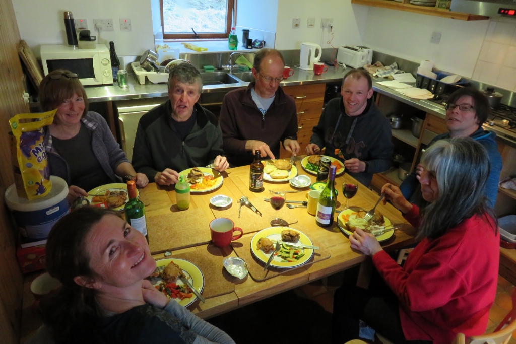 Pie fest in the hut: Liz, Mhairi, Ian, Adrian, Colin, Karen, Jo